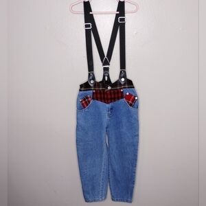 Vintage 80s Gitano Girls Kids Size 6 Jeans Suspenders Bue Cotton Red Plaid